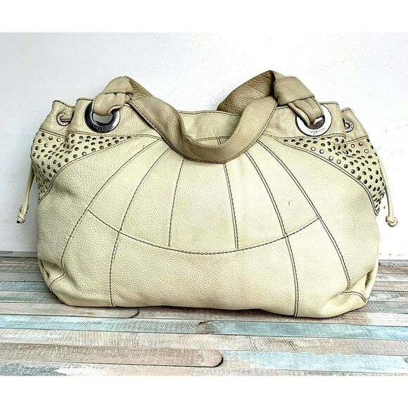 LRG FOSSIL FIFTY FOUR 54 STUD IVORY GENUINE LEATHER HOBO BOHO TOTE SHOULDER BAG - Picture 6 of 10